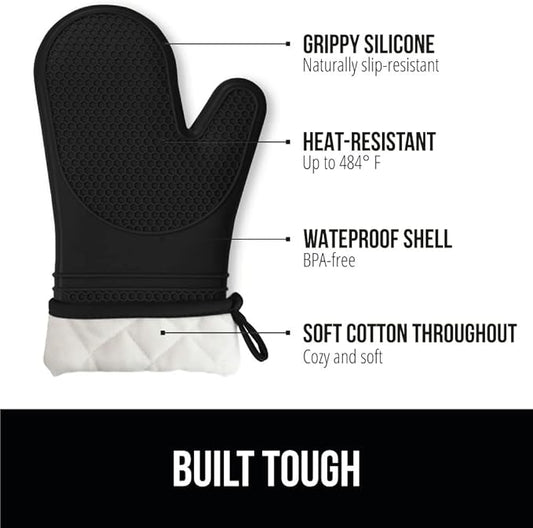 GORILLA GRIP BPA-Free Soft Silicone Oven Mitts, Heat Resistant and Waterproof Cooking Safety Gloves, Thick Cotton Lining, Flexible Gripping, Kitchen Potholders Set, for Grilling, BBQ, 12.5x8.3, Black