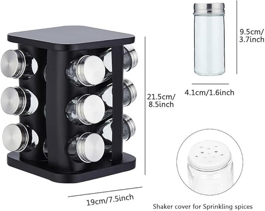 TINMIX Revolving Spice Rack Organizer with 12 Jars, Countertop Spice Seasoning Rack Tower with 12 Glass Jar Bottles Refillable for Kitchen Cabinet, Stainless Steel, Black