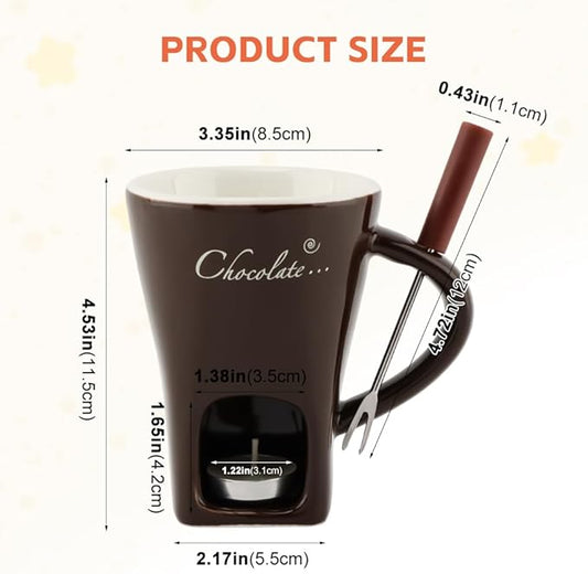 Chocolate Fondue Mugs, Chocolate Melting Cup Set with Forks Candle Warmer, Mini Ceramic Coffee Warmer Mug, Fondue Cups With Forks For Date Night Birthday Wedding Gifts(Black)