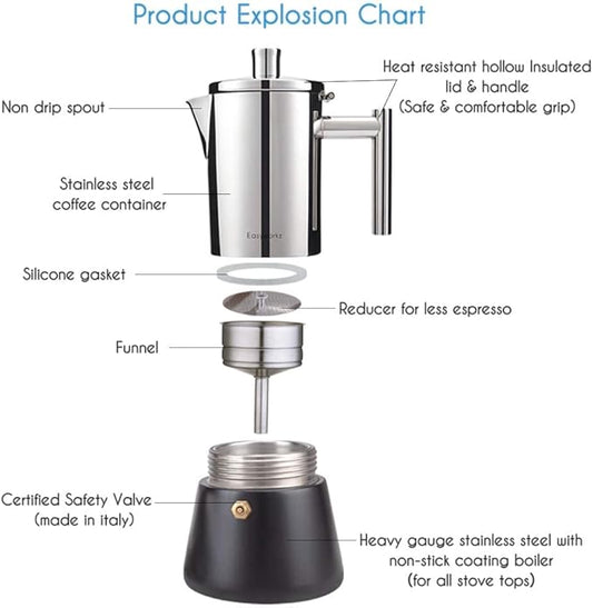 Easyworkz Diego Stovetop Espresso Maker Stainless Steel Italian Coffee Machine Maker 4Cup 6.8 oz Induction Moka Pot