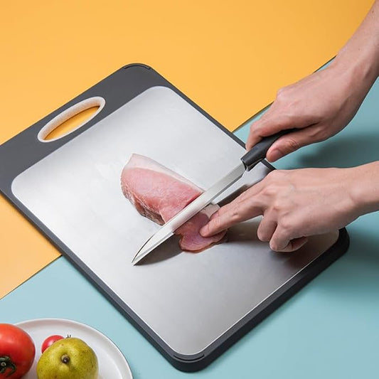 Stainless Steel Cutting Board For Kitchen, Double Sided Wheat Straw Cutting Board for Meat Veggies Fruits, Scratch Resistant and Knife Friendly Chopping Board with Garlic Shredder, 16”×11