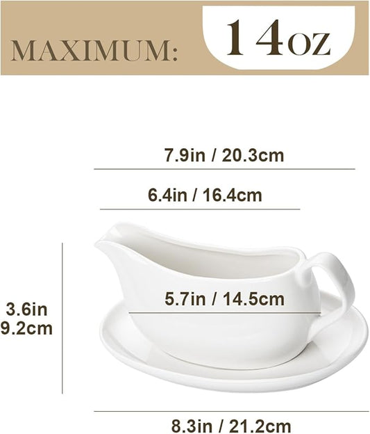 MALACASA 14 oz Gravy Boat with Saucer Stand, Porcelain Sauce Boat with Tray for Salad Dressings, Creamer, Broth, Milk, Ergonomic Handle, Microwave & Dishwasher Safe (White)