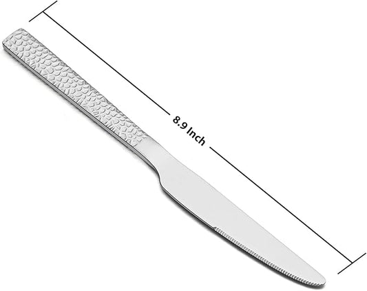 E-far Hammered Dinner Knives Set of 6, 8.9 Inch Stainless Steel Serrated Steak Butter Knife for Home Kitchen Restaurant, Modern Design & Square Edge, Mirror Finish & Dishwasher Safe