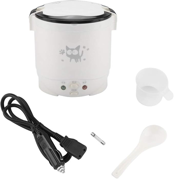 Mini Rice Cooker, 12v Electric Lunch Box Portable Travel Cooker for Car, Multifunctional Electric Food Steamer, Fast Cooking, Fully Automatic, Non Stick Pot for Travel, Camping (White)