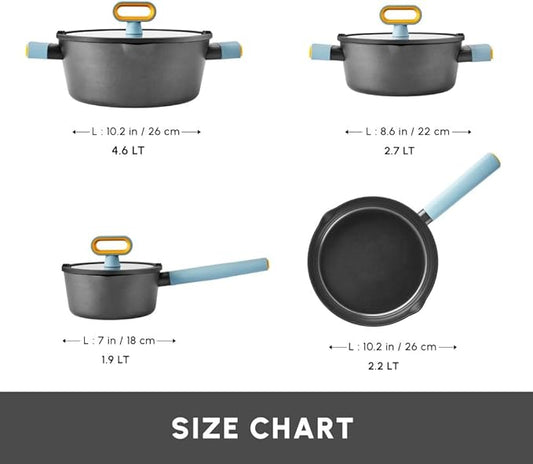 KARACA Fancy Ceramic Cookware Sets Black, Kitchen Pots & Pans Set Non Stick with Lid, Swiss Crystal Surface, Induction Cooking Utensils, 7-Piece, Dishwasher Safe