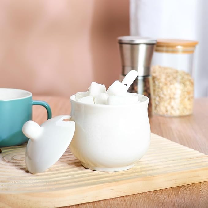 Ceramic Sugar Bowl with Lid and Spoon, Porcelain Salt Storage Jar, White Seasoning Container for Home and Kitchen, 7 Ounces (White)