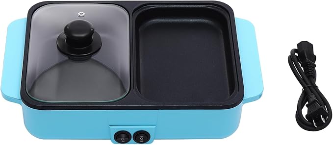 Hot Pot Electric Grill 2 in 1 Indoor Non-Stick and Griddle Korean BBQ Grill Hotpot Pot Electric Cooker Fast Heating Dual Temperature Control for BBQ, Steaks, Shabu Shabu and Noodles (Blue)