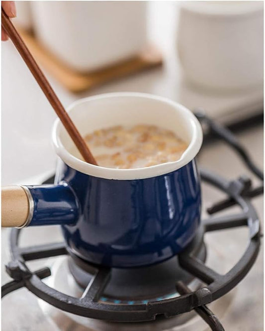 Enamel Milk Pot, Small Saucepan Milk Pot Butter Warmer 4 Inch 17 Oz Enamel Small Sauce Pan with Wooden Handle, Perfect Size for Heating Smaller Liquid Portions. (Blue)