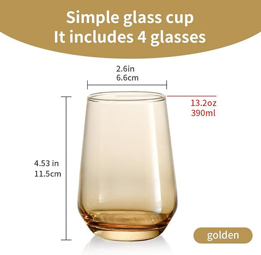 Modern Glass Drinking Cups Set, Clear Crystal Stemless Tumblers, 13.2 oz Capacity, 4.53 inch Height, 4 Pack (Golden) Kitchen Water Iced Tea Juice Beverage Glass