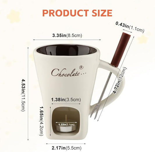 Chocolate Fondue Mugs, Chocolate Melting Cup Set with Forks Candle Warmer, Mini Ceramic Coffee Warmer Mug, Fondue Cups With Forks For Date Night Birthday Wedding Gifts(White)