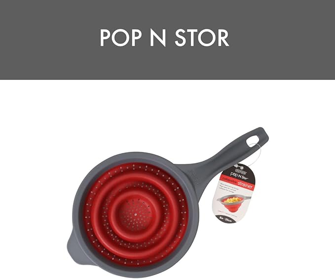 Dexas Pop N Store Collapsible Strainer, 8-Inch, Red, 1.3 Quarts Capacity, Dishwasher Safe, Space-Saving Design