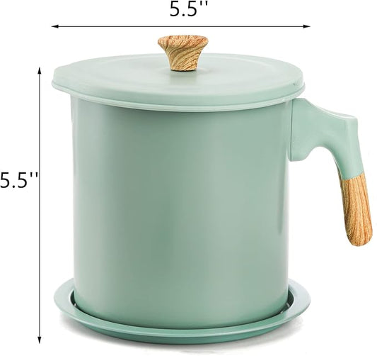 Lyellfe Bacon Grease Container with Strainer, 1.4L/48 Oz Stainless Steel Oils Filter Pot for Kitchen, Green Cooking Oil Storage Holder for Used Cooking Oils, Fat and Frying Oil
