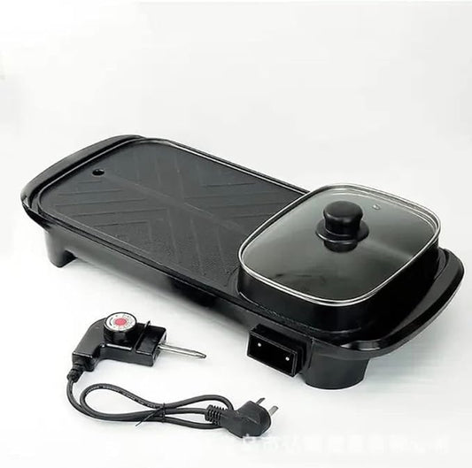 Electric 2 in 1 Grill with Shabu Shabu Hot Pot. Multifunctional Indoor Teppanyaki Korean BBQ Capacity for 2-10 People
