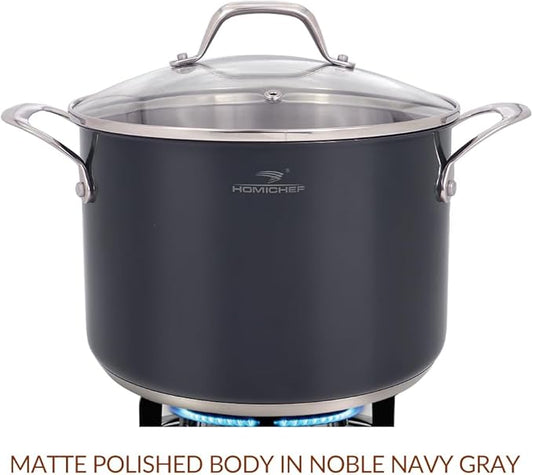 HOMICHEF 10-Piece Nickel Free Stainless Steel Cookware Set Navy Gray - Nickel Free Stainless Steel Pots and Pans Set - Healthy Non-Toxic Induction Cookware Sets