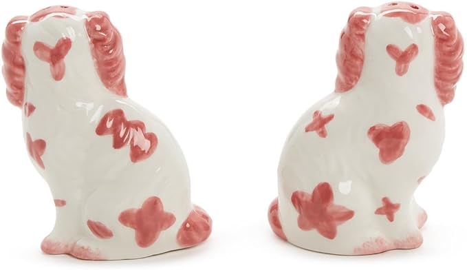 Two's Company Staffordshire Dog Salt and Pepper Shaker Set - Hand-Painted Ceramic, 3.5-Inches Height (Pink and White)
