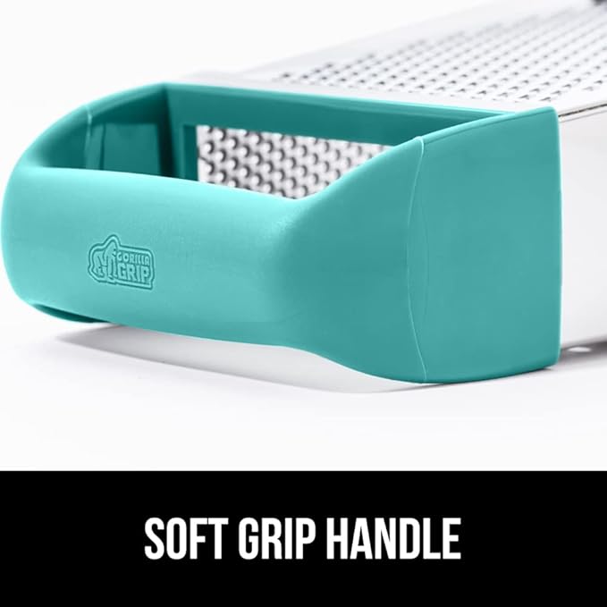 GORILLA GRIP 4-Sided Stainless Steel Cheese Grater With Container, 100% BPA-Free Box Grater, Slip Resistant Base and Handle, Grate Parmesan, Hard Cheeses, Shred Veggies, Dishwasher Safe, Turquoise