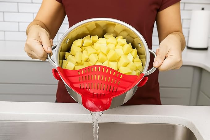 Clip on Strainer Silicone for All Pots and Pans, Colander, Pot Strainer for Pasta, Meat, Vegetables, Space Saving Design, Food-Safe with Collapsible Funnel, Garlic Peeler, 3 Pack (Red)
