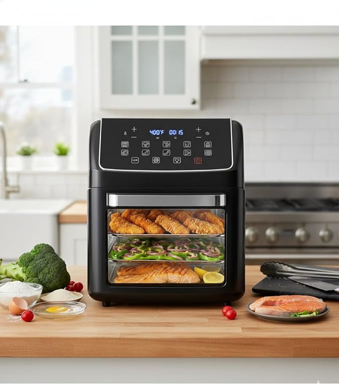 HealSmart 10-in-1 Air Fryer Oven, 12.6Qt Convection Oven with Visible Window, Rotisserie & Grill, Family-Size Airfryer with Visible Window for Healthy Cooking