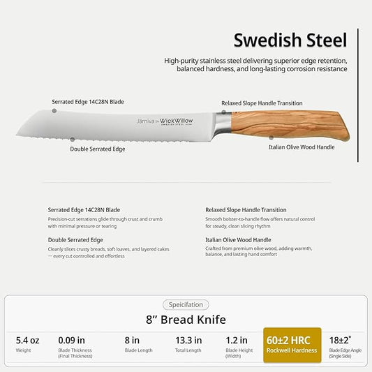 8 Inch Bread Knife – Double Serrated Swedish Steel Sourdough Knife with Italian Olive Wood Handle – Premium Serrated Knife for Homemade Bread, Pastries & Gifts for Home Bakers