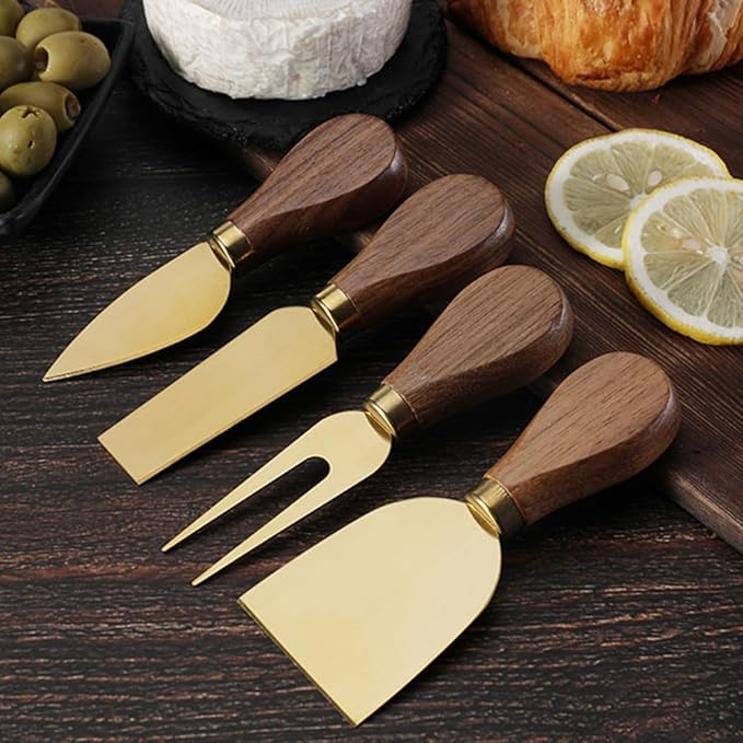 4-Piece Set of Stainless Steel Cheese Knives with Wood Hand, Including Cheese Slicer and Cheese Cutters, Essential Cheese Tools for the Kitchen (Walnut handle, Gold)