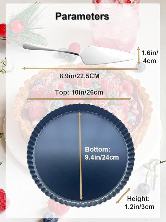 Yamteck 10 Inch Round Quiche Pans with Pie Server. Removable Bottom, Non-Stick Coating, Rugged Carbon Steel for Tart Quiche Pie Cake Baking. Gift for Women Wife Christmas Thanksgiving Party Festival