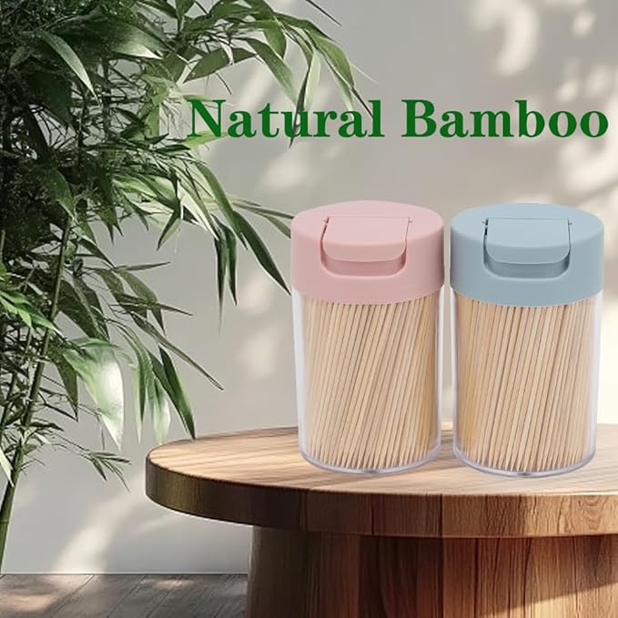 Toothpick Dispenser, 1000 Count Bamboo Toothpicks with 2 Reusable Toothpick Dispenser, Sturdy Smooth Health Toothpicks for Party, Bar, Olive, Barbecue, Fruit and Teeth Cleaning