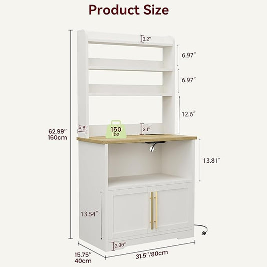 IDEALHOUSE Bakers Rack with Storage Cabinet, Microwave Stand with Power Outlets, Farmhouse Bakers Rack with Thick Table Top, Small Kitchen Bakers Rack for Kitchen,Dining Room,White & Peer Wood