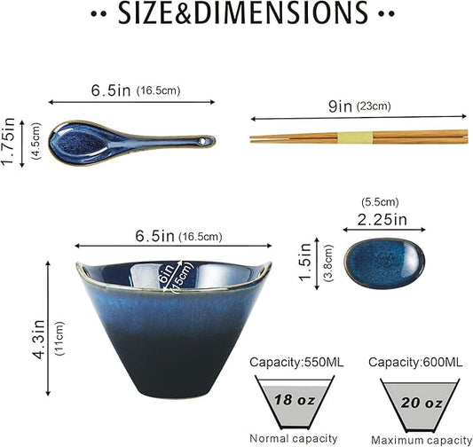 UNICASA Japanese Ramen Bowl Set with Chopsticks, Spoons and Rests, 20oz Deep Porcelain Noodle Bowl Set of 2 for Udon, Pho, Salad, Soup (Reactive Blue)