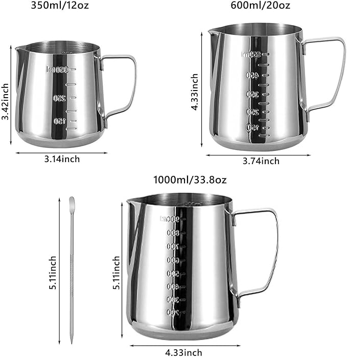 Milk Frothing Pitcher Cappuccino Coffee Milk Frother Cups Stainless Steel,12oz/20oz/34oz Steaming Pitcher Coffee Bar Espresso Machine Accessories Milk Jug,Measurements Inside(size:20oz)