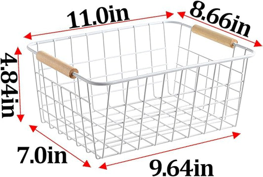 LeleCAT white wire baskets for organizing with Wooden Handles Storage Organizer Baskets, Household snack basket for Cabinets, Pantry, Closets, Bedrooms, pantry organizers and storage - Set of 2(White)