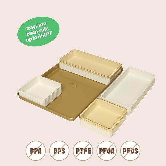 Cravings by Chrissy Teigen 9-Piece Baking Set, Non-Stick Bakeware Set with 2 Large & 2 Small Silicone Trays with 4 Lids & 1 Baking Sheet Tray, Oven-Safe Up To 450°F, CT-BBS9