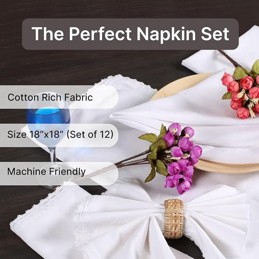LFH Home Cotton Dinner Napkins - Textured Reusable Machine Washable Decorative Wedding Cloth Napkins Cocktail Napkin Fabric Napkin Tailored with Mitered Corner Finish - 18x18 Inch - White