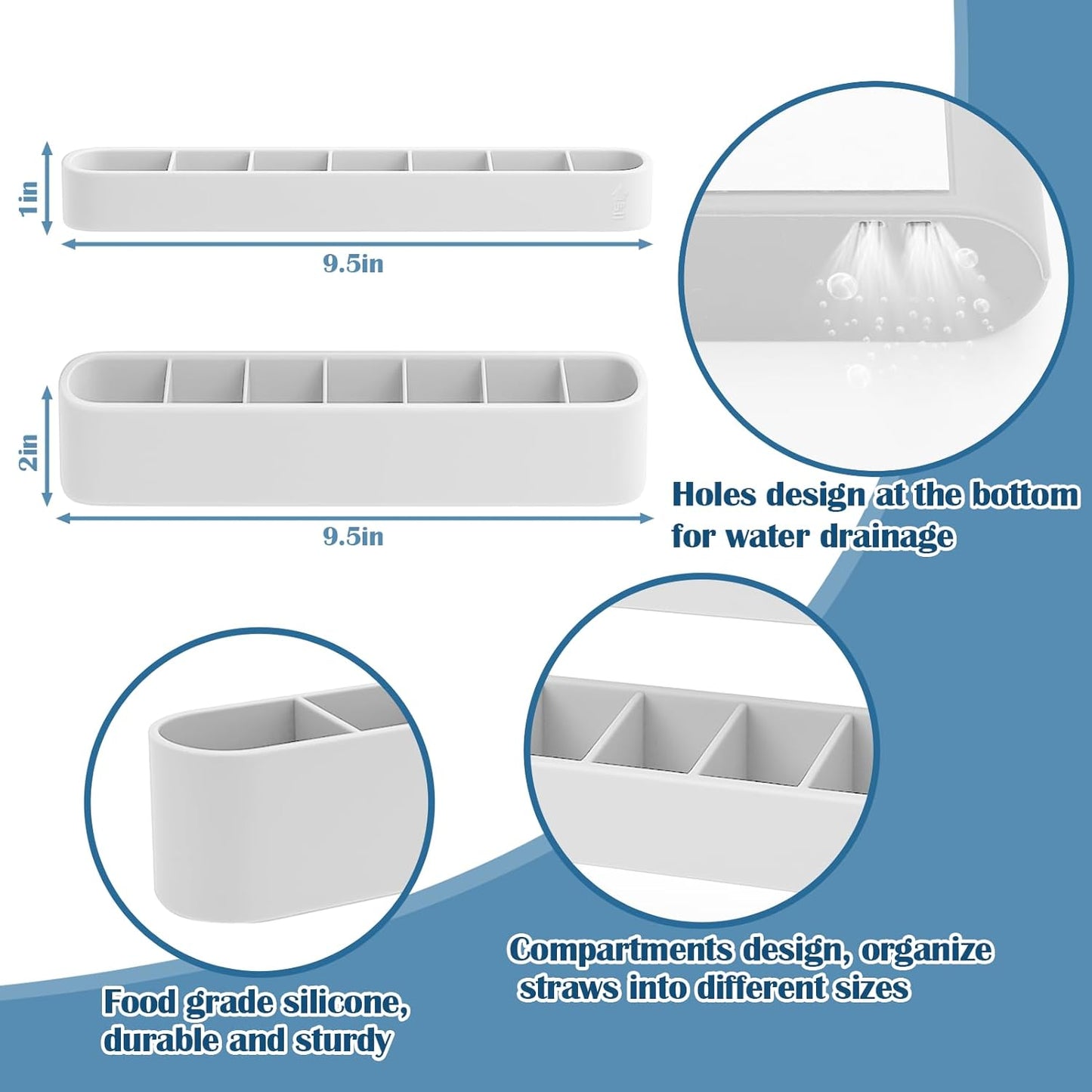 Juome Straw Holder for Cabinet, Silicone Straw Organizer with Double Sided Adhesive Tape, Reusable Tumbler Straws Storage Dispenser for Kitchen Counter Cupboard Door (White)