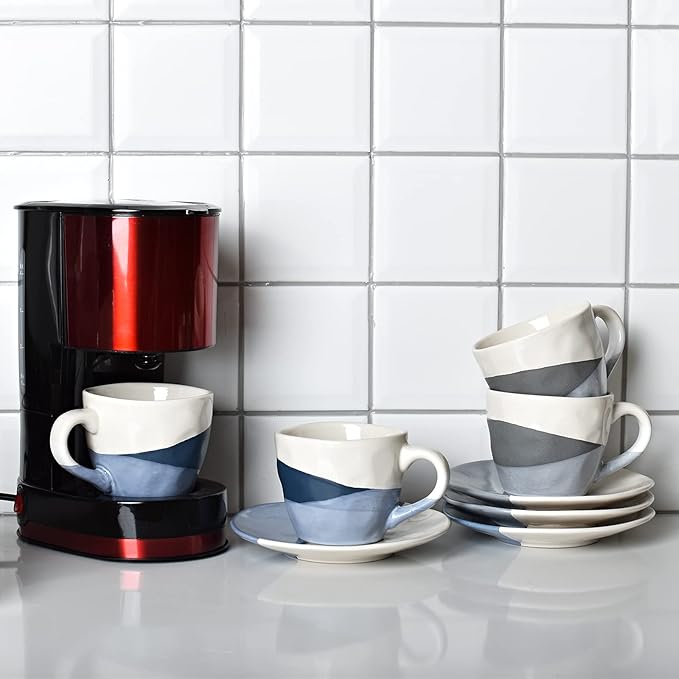 Bosmarlin Stoneware Coffee Cup Mug with Saucer Set of 2 for Latte, Cappuccino, Tea, Oz, Dishwasher and Microwave Safe (Geometric Blue, 2)