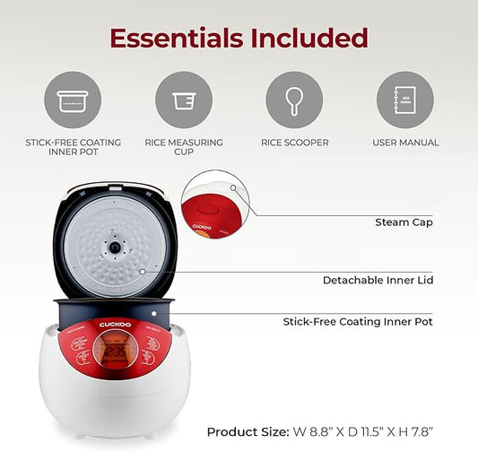 CUCKOO Micom Rice Cooker 3 Cup Uncooked / 6 Cup Cooked, Korean Fuzzy Logic Rice Cooker Small with Delay Timer & Keep Warm Setting, Versatile Food Steamer with Non-Stick Inner Pot, Red (CR-0351F)