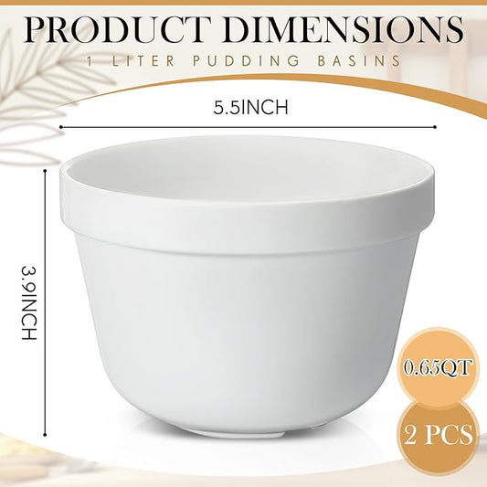 2 Pieces Ceramic 0.65 Qt Pudding Basins White 5.5 Inch Christmas Pudding Mold Bowls for Steaming Ovenproof Durable and Sturdy Porcelain Steamed Plum Puddings Bowl Basin, Easy to Clean