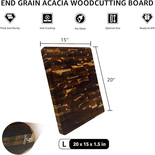 Walnut Wood Cutting Board for Kitchen, End Grain Chopping Board with Juice Groove, Heavy Duty Checkered Board for Cheese and Vegetables, Non-slip Feet, 20" × 15" × 1.5"
