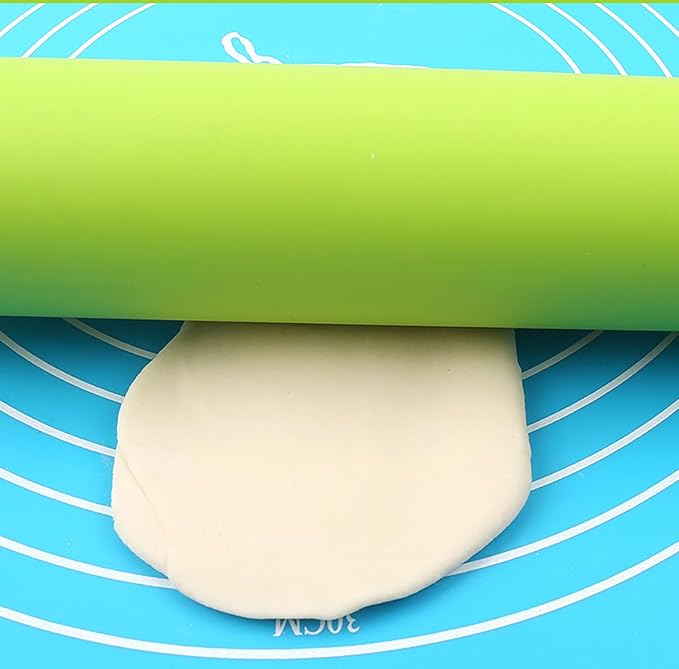 Silicone Rolling Pin, Green 9 Inch Pin with Wooden Rotatable Handle for Dough of Baking Bread, Cookie, Pizza (green, 9 inch)