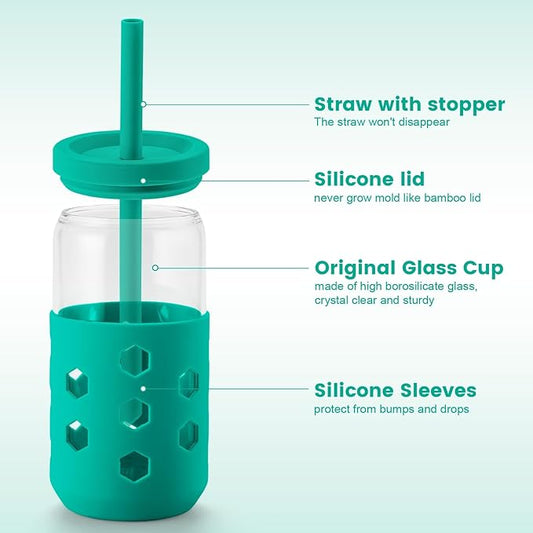 Glass Cups with Lids and Straws (4 Pack), 16oz Drinking Glasses Set with Silicone Sleeves for Coffee Bar Accessories Iced Coffee Cups with Lids, Glass Tumbler Reusable for Gifts