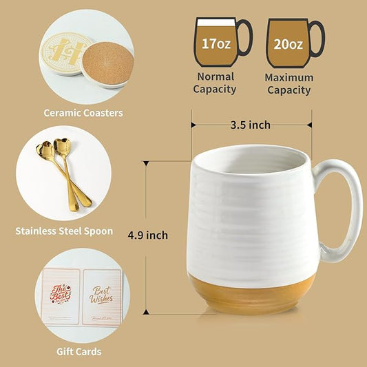 HASENSE Coffee Mugs Gift Set, 20oz Ceramic Mugs Set of 2 with Handle, Glaze Coasters & Spoons in Storage Box, For Coffee Tea and Cocoa, White Couple Mugs for Christmas Thanksgiving