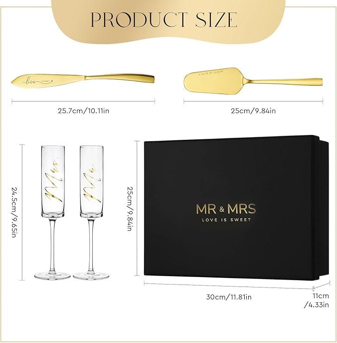 AW BRIDAL Engagement Bridal Shower Wedding Gifts for Newlywed Couples 2025, Anniversary Mr Mrs Champagne Flutes Toasting Glasses, Wedding Gold Cake Knife and Server Set with Gift Box for Bride Groom