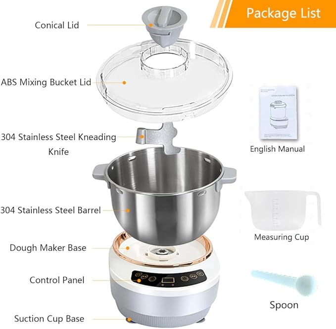 QCQDL Electric Dough Maker Machine with Fermentation Function, 7L Large Capacity Household Dough Mixer, 304 Stainless Steel, Microcomputer Timing, Front Touch Panel, Gray,7L