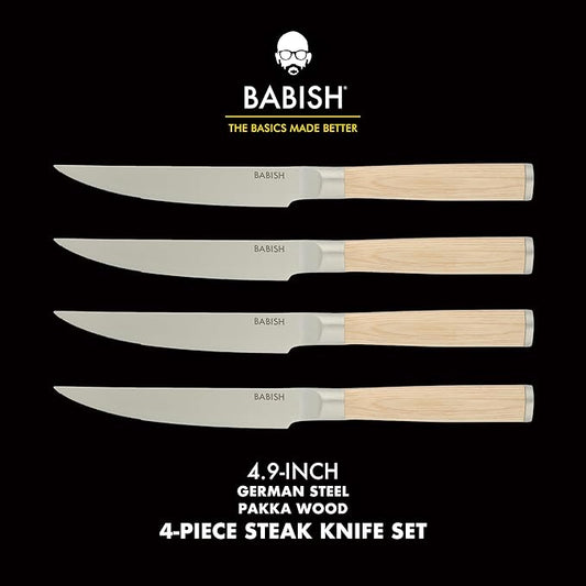 Babish 4-Piece 1.4116 German Stainless Steel Steak Knife Set with Light Pakka Wood Handles – Full-Tang Steak Knives for Dining, Entertaining & Everyday Table Use