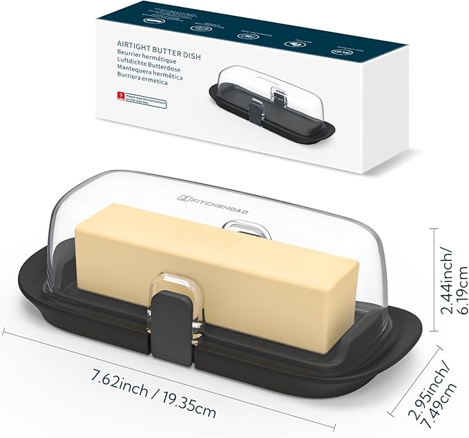 KITCHENDAO One-handed Airtight Butter Dish with Lid for Countertop and Refrigerator Door Shelf, Butter Holder with One Press to Open/Close Secure Latching Buckle for West/East Coast Butter (Black)