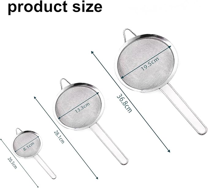 3Pcs Stainless Steel Fine Mesh Strainer Set (Small/Medium/Large) – Metal Sieve Sifter with Handle, Ideal for Rice/Juice/Quinoa/Flour, Kitchen Baking & Straining Tools
