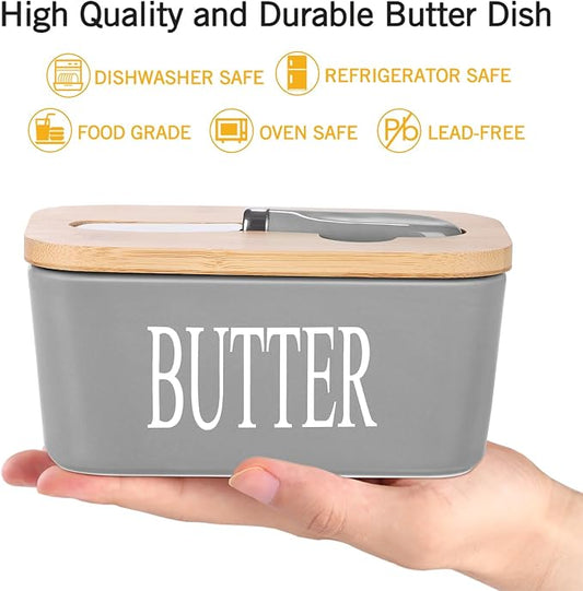 Ceramic Butter Dish with Wooden Lid, Large Butters Container Keeper Storage with Stainless Steel Knife Spreader, Bamboo Cover and Silicone Sealing Ring for West East Coast, Grey