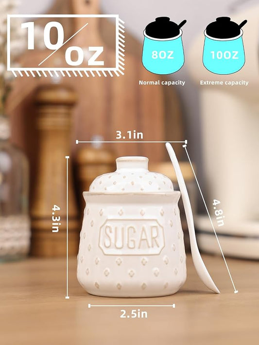 Sugar Bowl with Lid and Spoon, 10 OZ Ceramic Sugar Container for Kitchen Accessories, Sugar Storage Containers, Farmhouse Decor (Vintage White)
