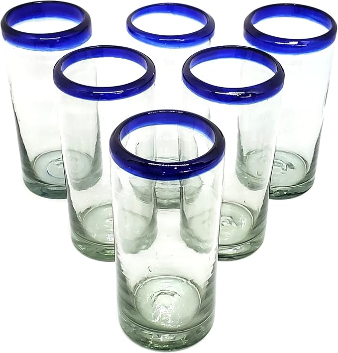 Cobalt Blue Rim 14 oz Highball Glasses (set of 6), Recycled Glass, Lead-free, Toxin-Free (Highball)