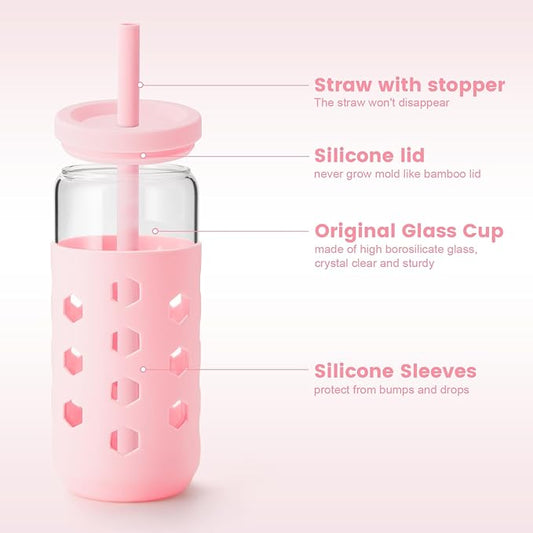 20 oz Glass Cups With Lids and Straws, 4-Pack Iced Coffee Cup - Smoothie Cup With Silicone Lid and Sleeve for Coffee Bar Accessory, Cute Drinking Glasses Set Reusable Glass Tumbler for Gifts