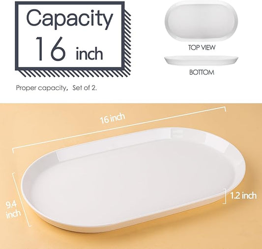 16" Large Serving Platter - Oval Large Serving Tray, Ceramic Turkey Platters, White Platters for Serving Food, Appetizers, Entertaining, Party, Set of 2